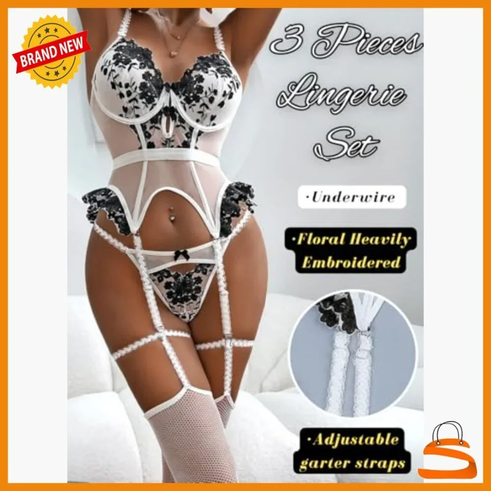 Large Lace Lingerie Set with Garter Stockings, Adjustable Straps, Underwire